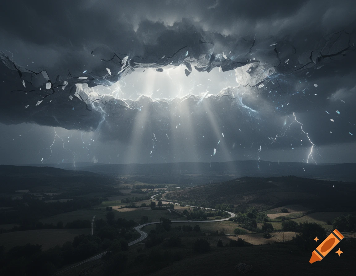 A dramatic photorealistic landscape showing a jagged, glowing rupture in a dark stormy sky with light beams shining down over a winding road and hills.