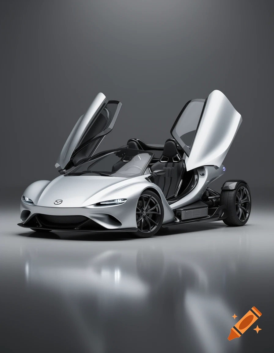 Photorealistic studio shot of a futuristic silver three-wheeled two-seater sport car with open butterfly doors.