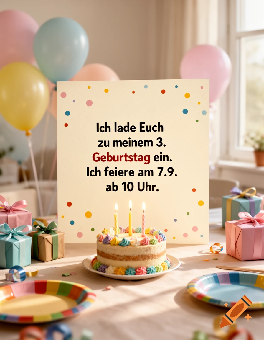 A birthday card on a table with a small cake, candles, gifts, and balloons in the background.