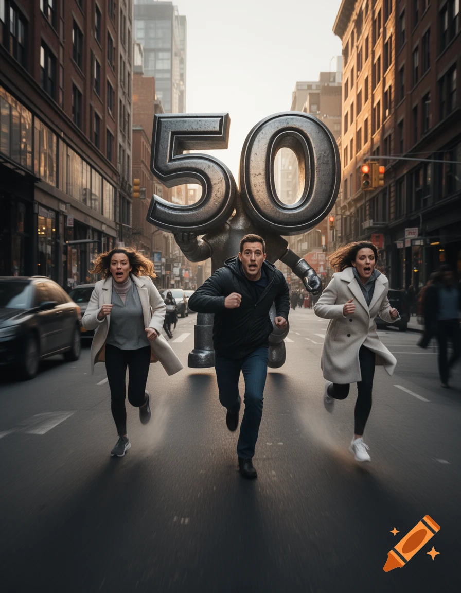 Photorealistic image of a giant number 50 with limbs chasing two women and a man down a New York city street.