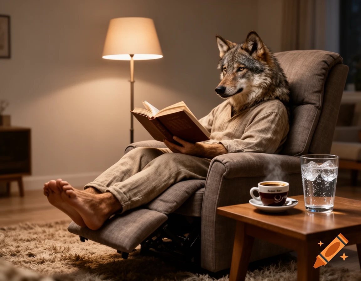 Photorealistic image of an anthro wolf with a human body relaxing in a recliner chair, reading a book in a cozy living room.