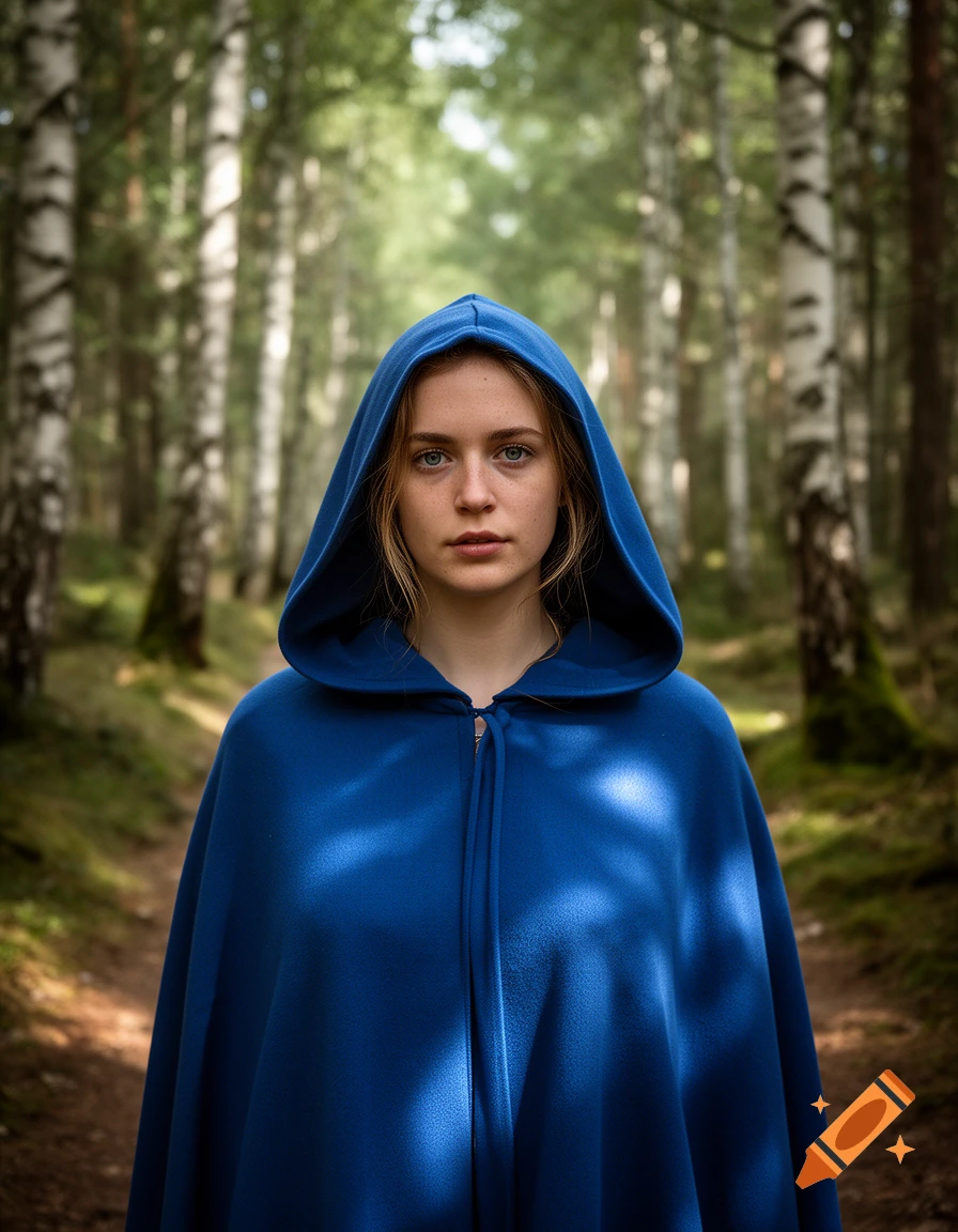 Photorealistic portrait of a young woman with a blue hooded cloak standing in a birch forest.