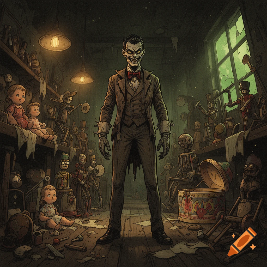A creepy man in a suit standing in a dark toy workshop filled with dolls and toys, stylized dark illustration.
