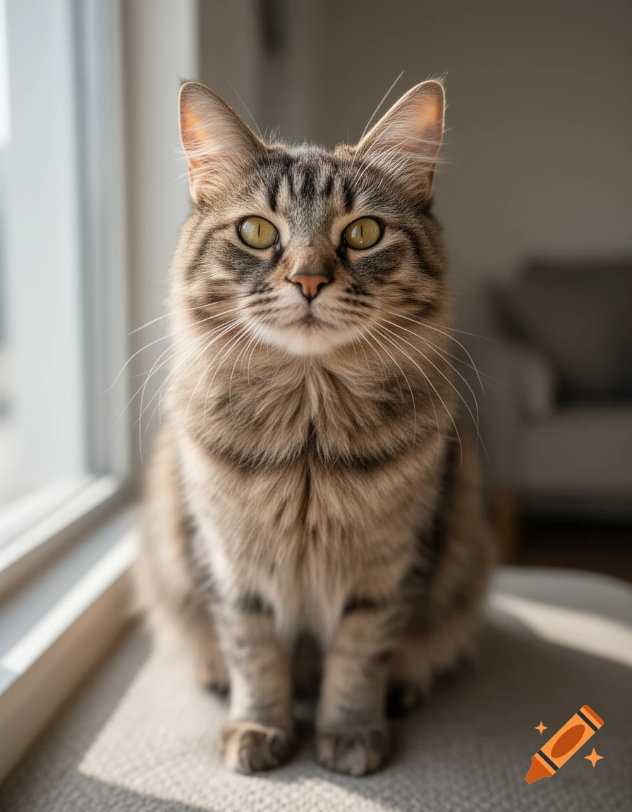 Photorealistic close-up portrait of a fluffy brown tabby cat sitting near a window.