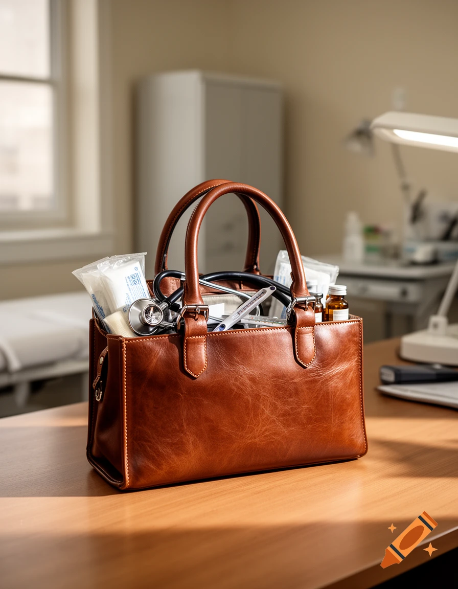 A brown leather doctor's bag filled with medical supplies like a stethoscope and vials, resting on a wooden desk.