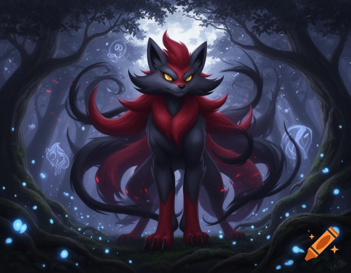 Digital painting of the dark and red fox-like pokemon Zoroark standing in a dark mystical forest with glowing blue orbs.