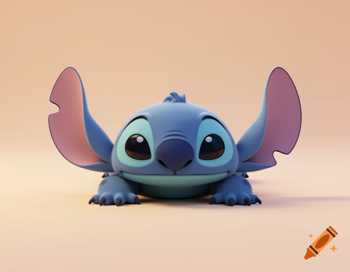 3d animated blue alien character Stitch lying flat on his belly on a plain peach-colored surface.