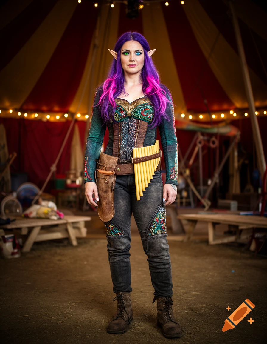 Photorealistic portrait of a female wood elf with purple hair, heterochromia, wearing a circus costume and a pan flute.