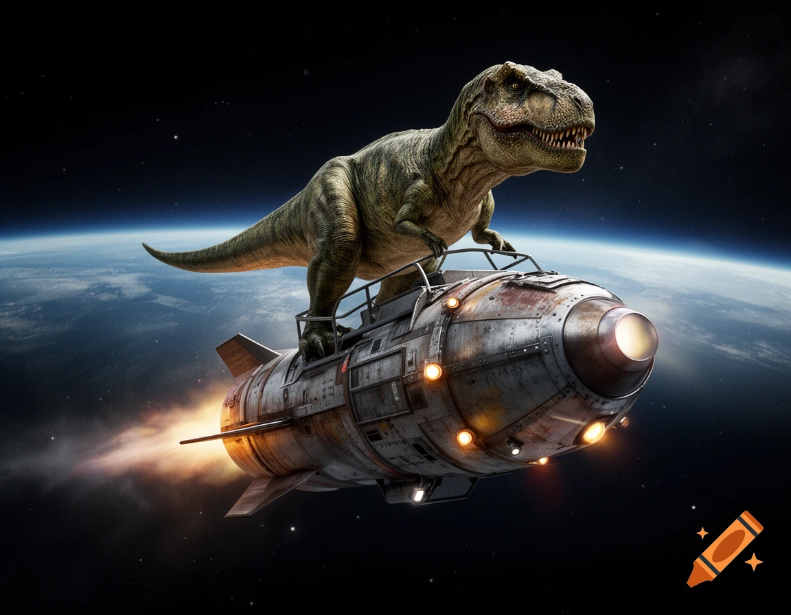 Photorealistic T-Rex riding a rusted rocket ship through space with the Earth visible in the background.