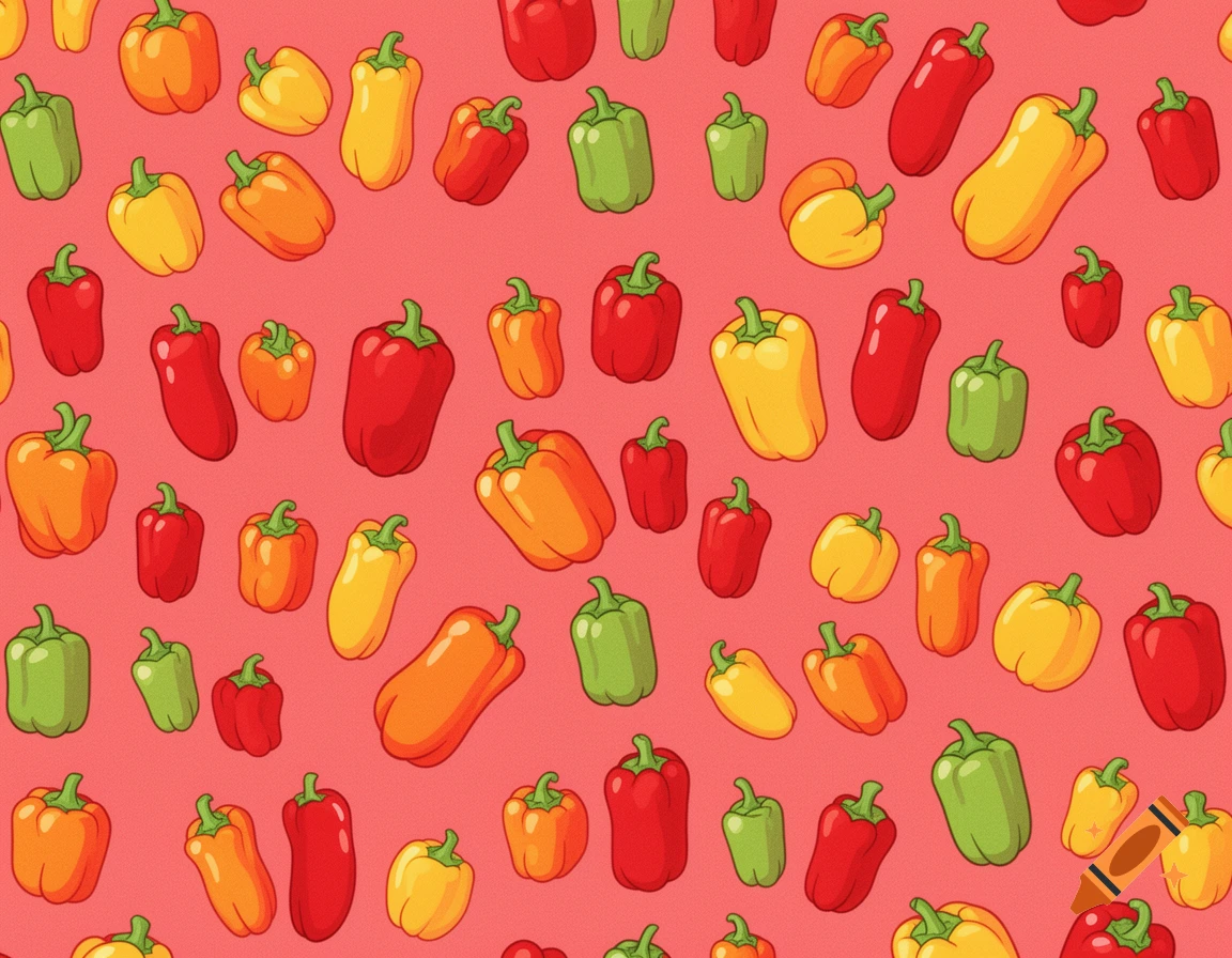 Colorful cartoon bell peppers in red, yellow, green, and orange repeating on a pink background.