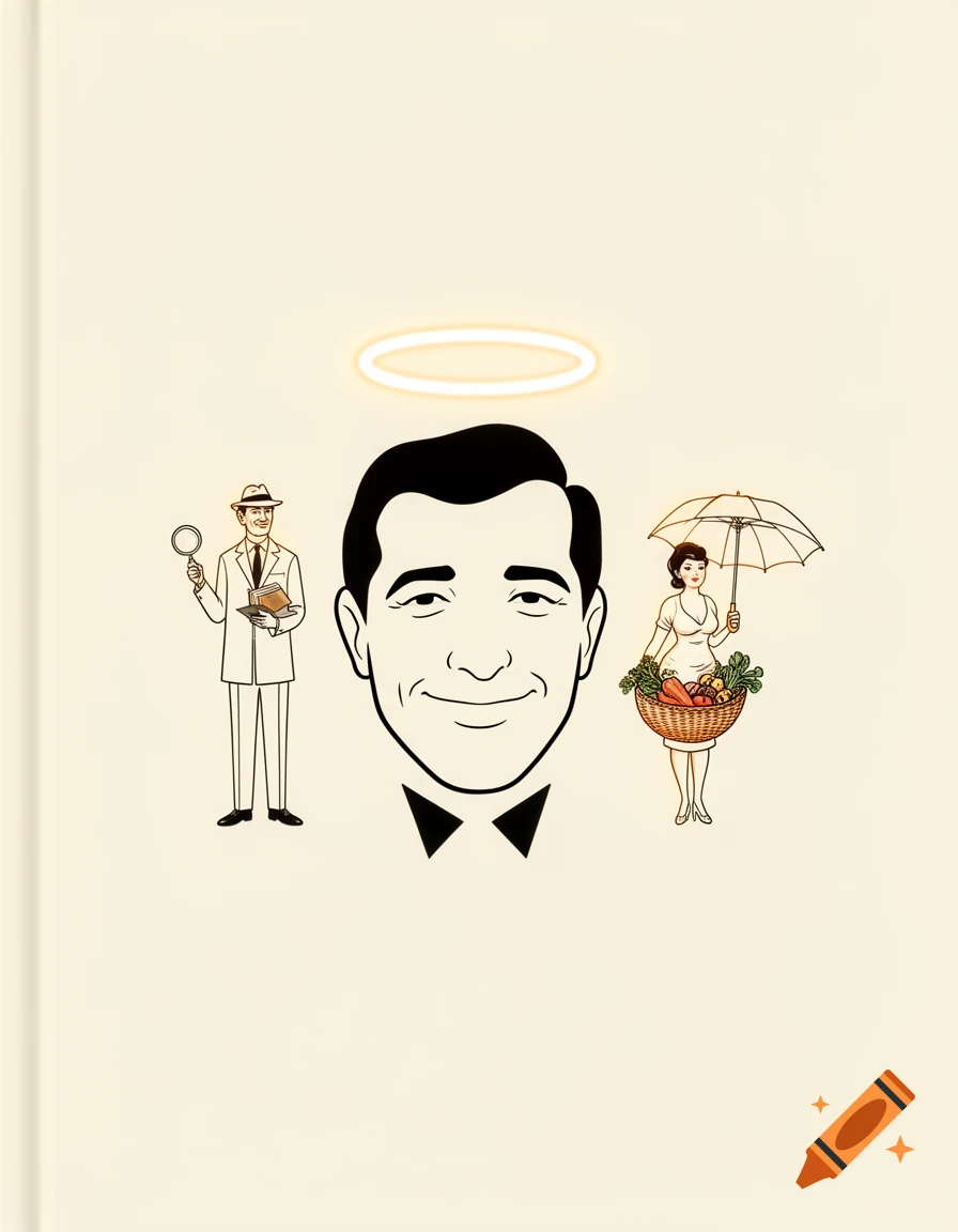 Minimalist line-art book cover featuring a central portrait of Dean Martin with a glowing halo, flanked by a detective and a woman.