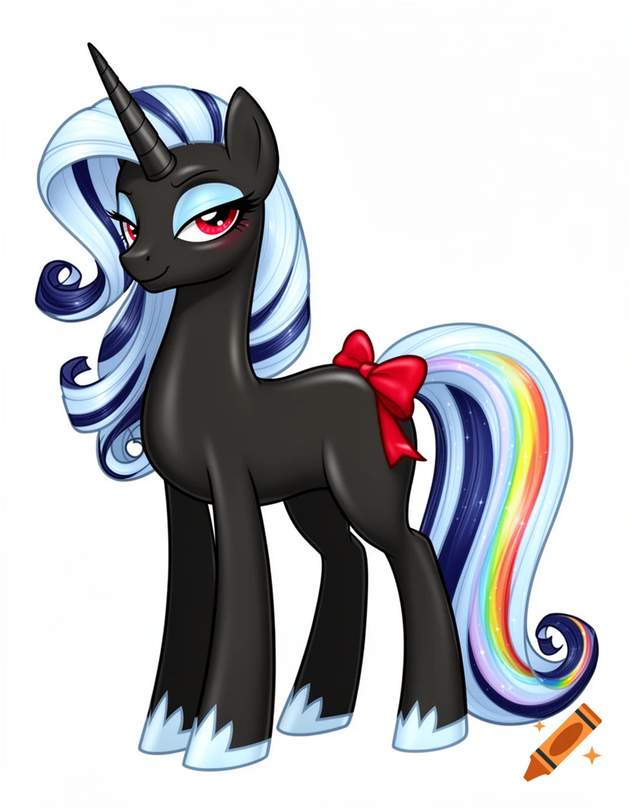 Digital illustration of a sleek black unicorn pony with blue and rainbow mane and tail, featuring a red tail bow.
