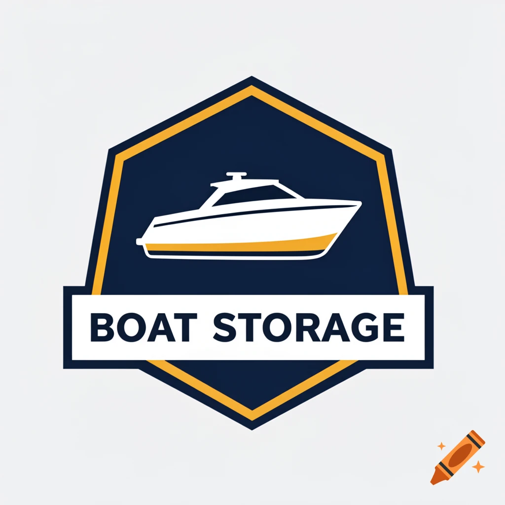Hexagonal logo with a white boat and the text 'BOAT STORAGE' on a dark blue background.