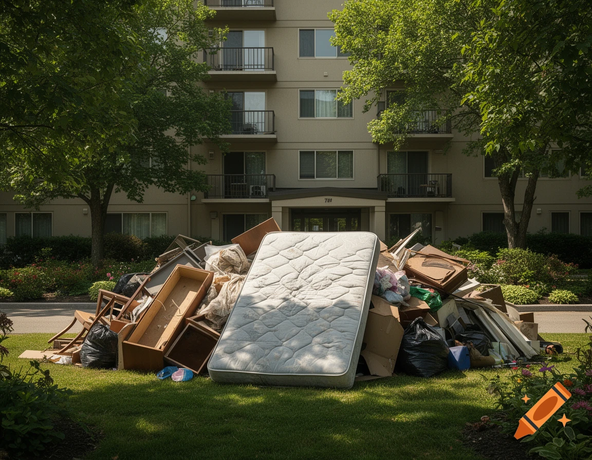 Photorealistic image of a large pile of bulky waste including a mattress in front of an apartment building.