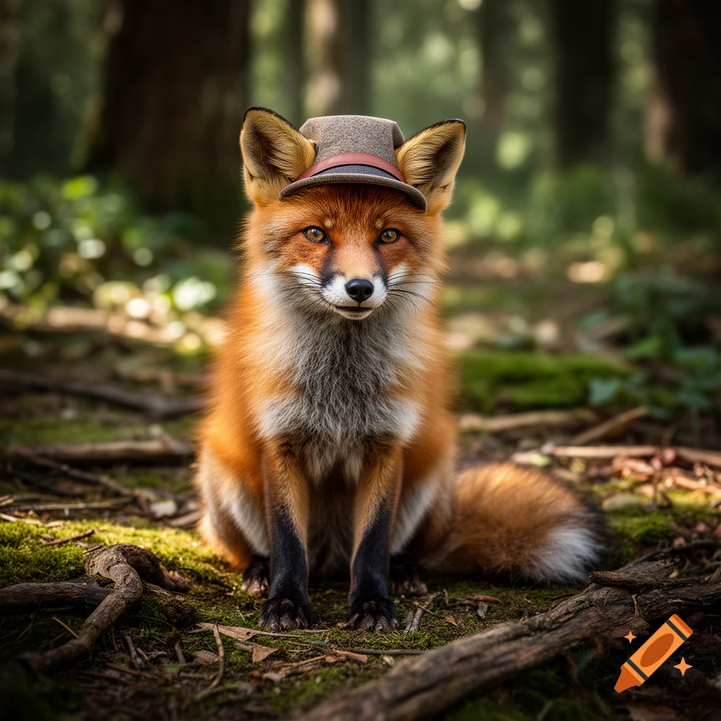 A photorealistic red fox sitting in a forest wearing a small brown hat.