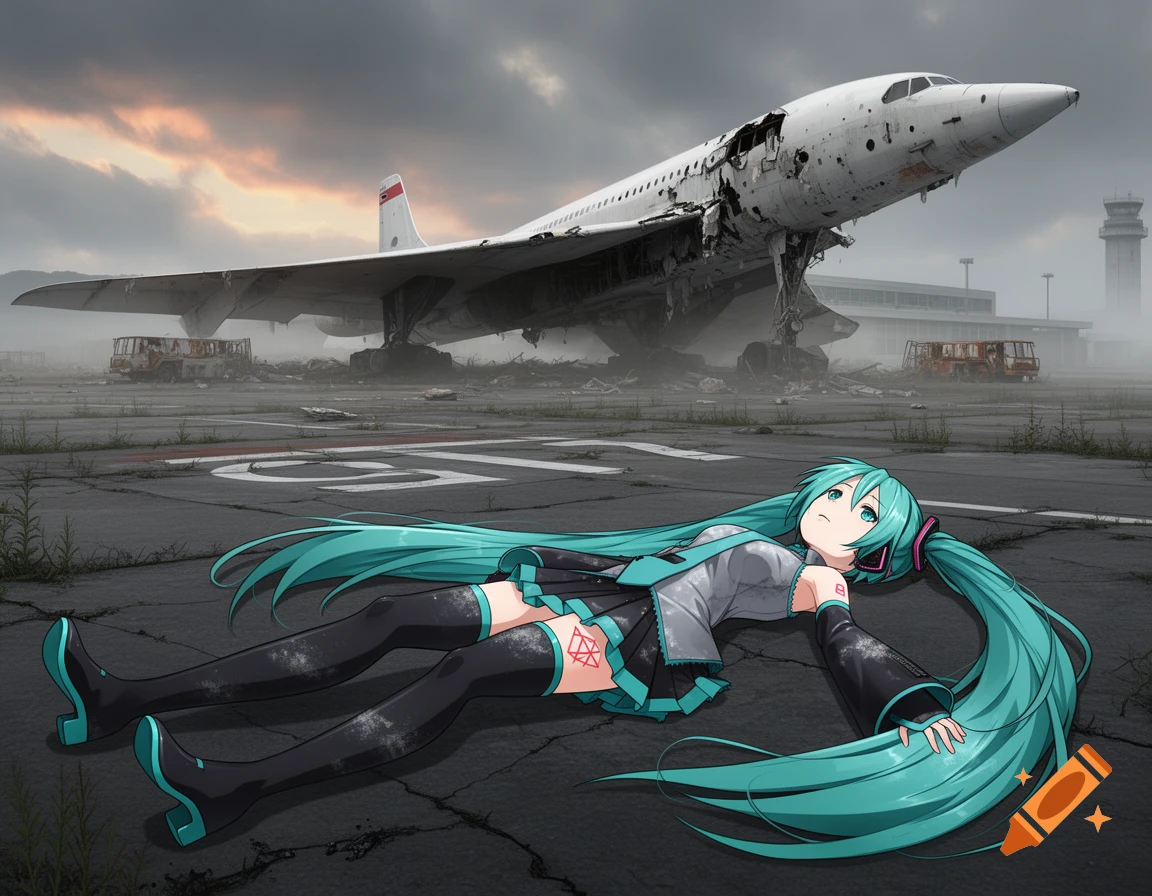 Anime style illustration of Hatsune Miku lying on the runway of an abandoned airport with a crashed Concorde airplane.