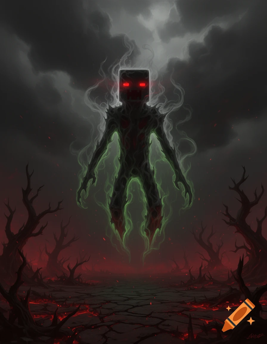 Digital painting of a spooky Minecraft creeper ghost floating above a cracked, glowing red ground in a dark, barren forest.