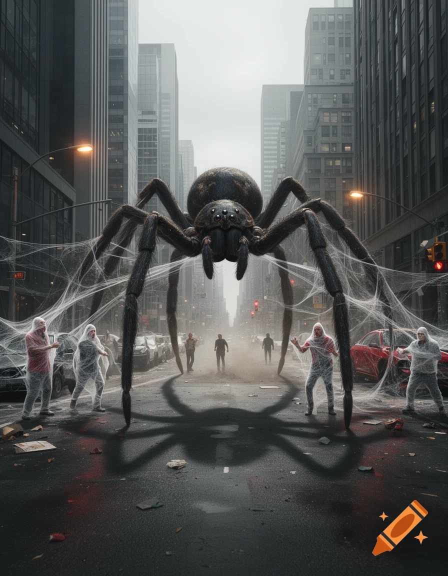 A giant spider walks down a city street, with people wrapped in webs.