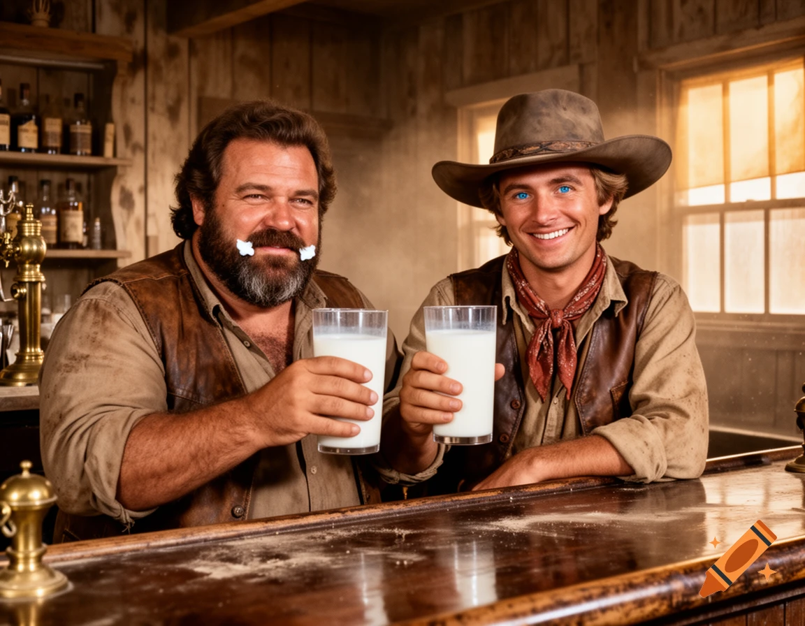 Photorealistic scene of two actors resembling Bud Spencer and Terence Hill at a wooden bar in a rustic saloon, holding large glasses of milk.