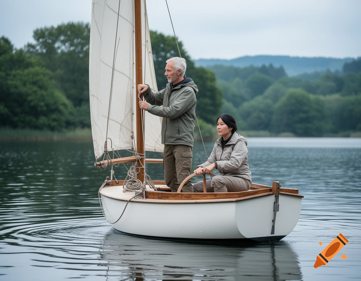 A middle-aged man and woman sailing a small white boat on a calm lake surrounded by trees, photorealistic.