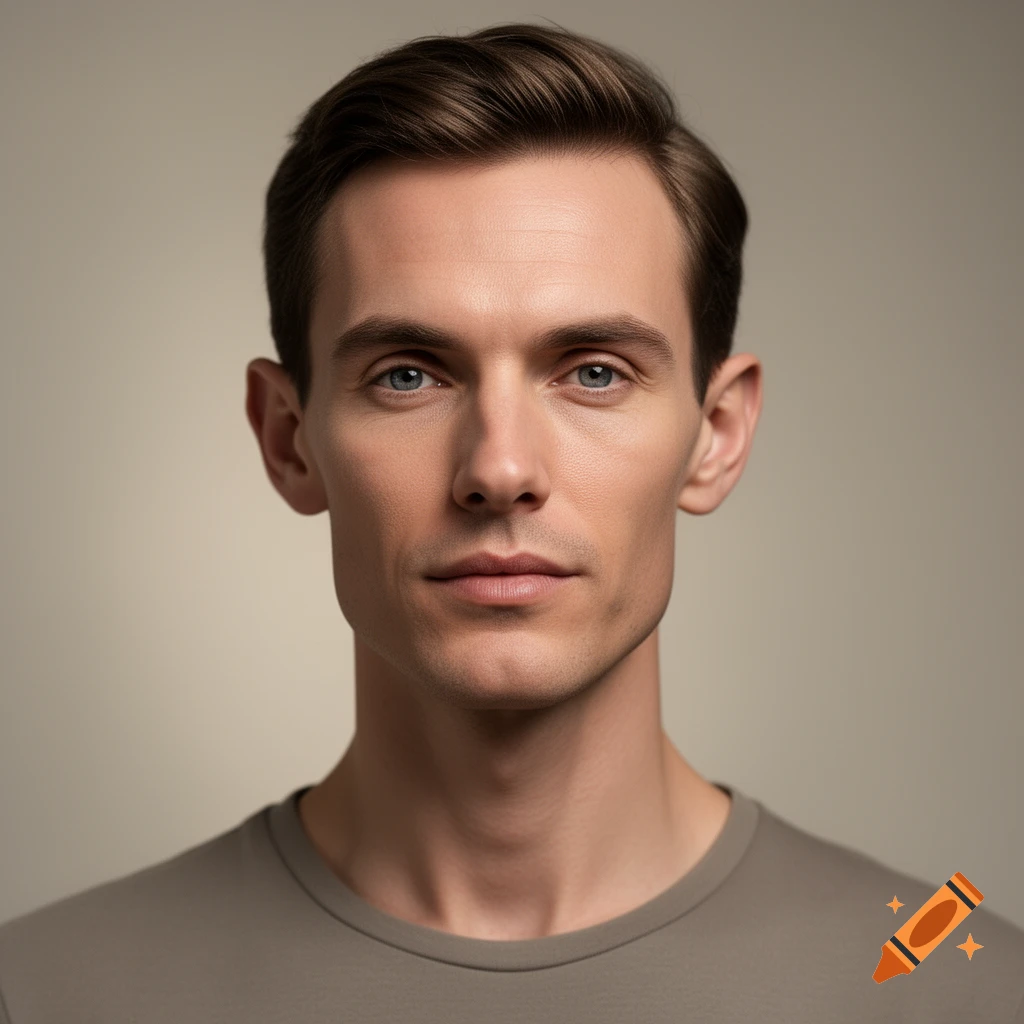 Close-up photorealistic portrait of a young white man with short brown hair and blue eyes against a neutral background.