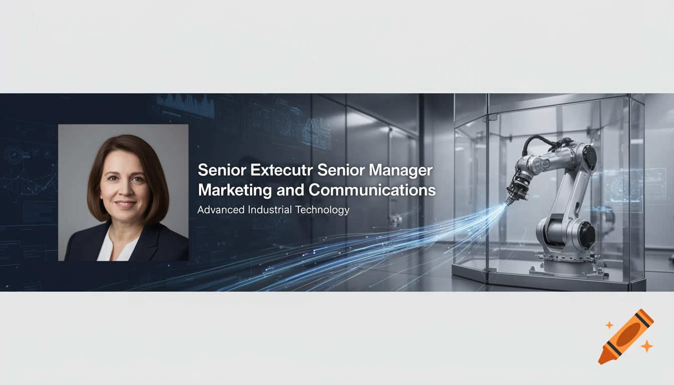 LinkedIn banner with a woman's profile picture and an industrial robot arm behind a glass enclosure with glowing tech lines.