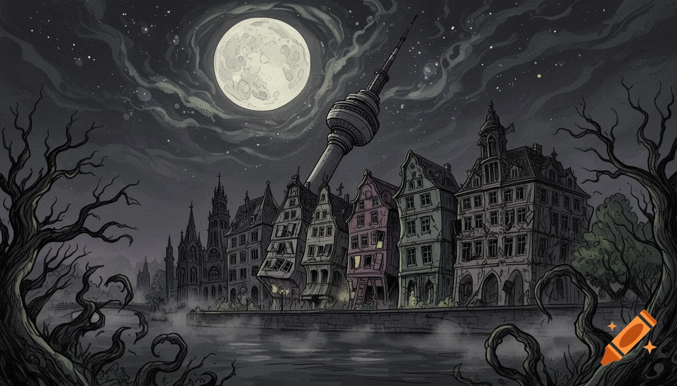 Dark fantasy comic illustration of a crooked city skyline with warped buildings and a leaning tower under a giant moon, in the style of Tim Burton.