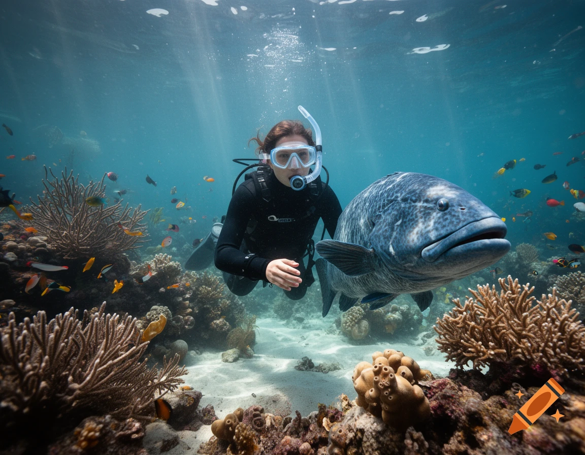 Photorealistic underwater scene of a female scuba diver swimming next to a large blue groper amidst coral reef and colorful fish.