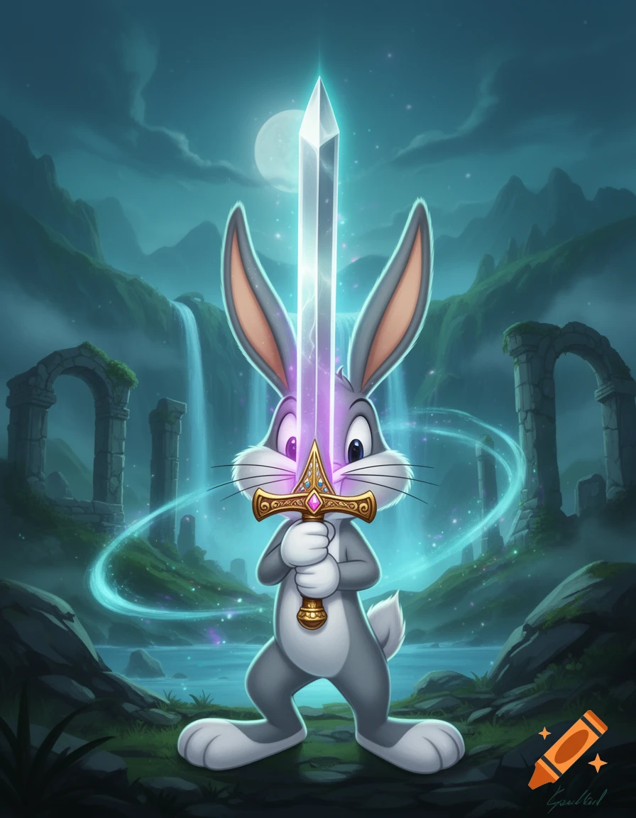 Bugs Bunny holding the sword Excalibur in a mystical landscape with waterfalls and ruined arches under a moonlit sky, digital illustration style.