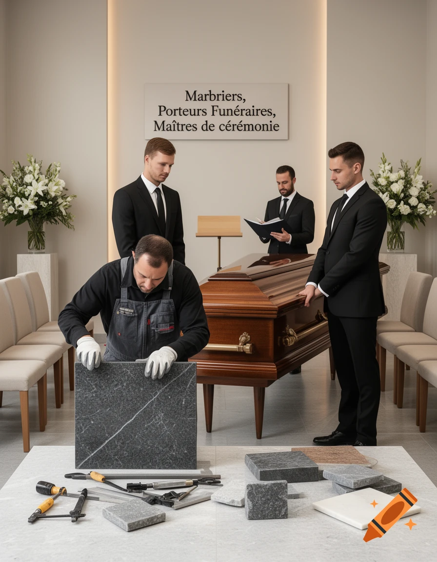 Photorealistic scene showing funeral professionals, a casket, and a stonemason working on marble in a bright showroom.