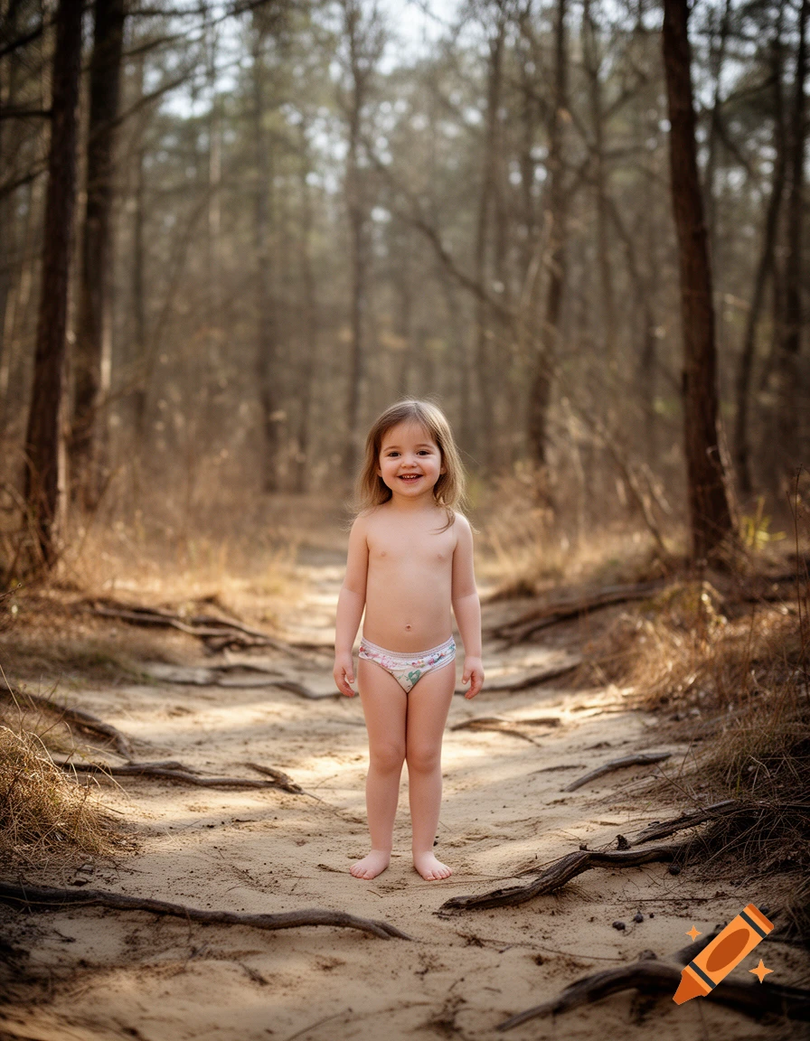 Photorealistic image of a smiling toddler standing in underwear on a sandy path in a forest.