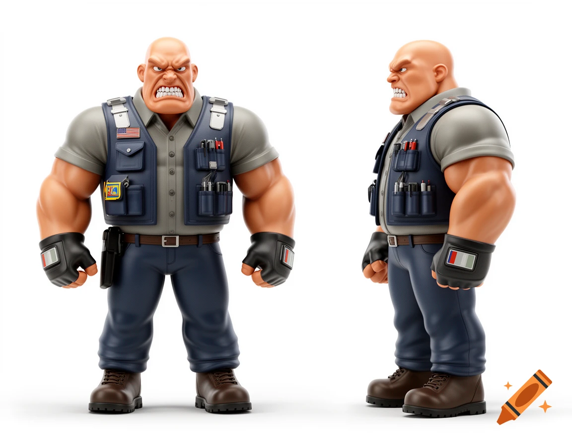 3D vinyl toy style model sheet of a bald, muscular truck driver character in an aggressive A-pose, front and profile views.