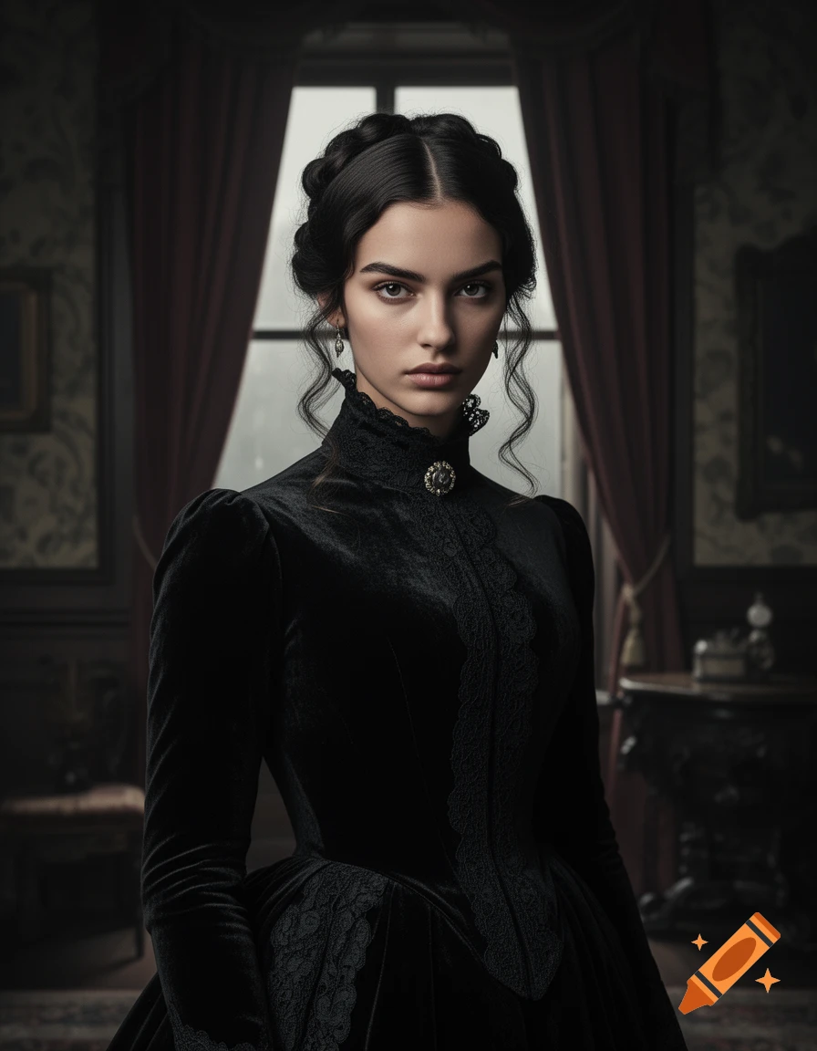 Photorealistic portrait of a serious young Victorian woman with dark braided hair wearing a black velvet dress.