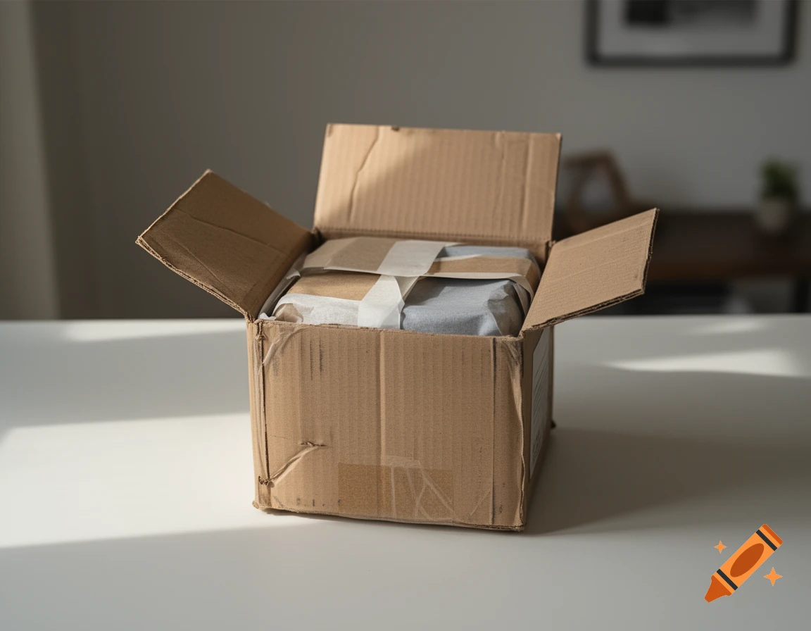 An open cardboard shipping box sitting on a white table indoors, with packaged items inside.