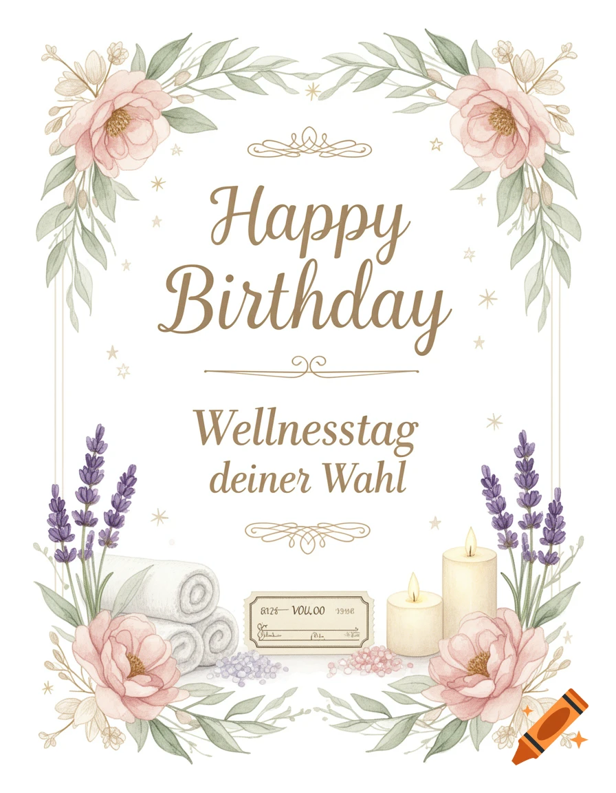 Watercolor birthday card with floral frame, lavender, rolled towels, candles, and the text Happy Birthday and Wellnesstag deiner Wahl.
