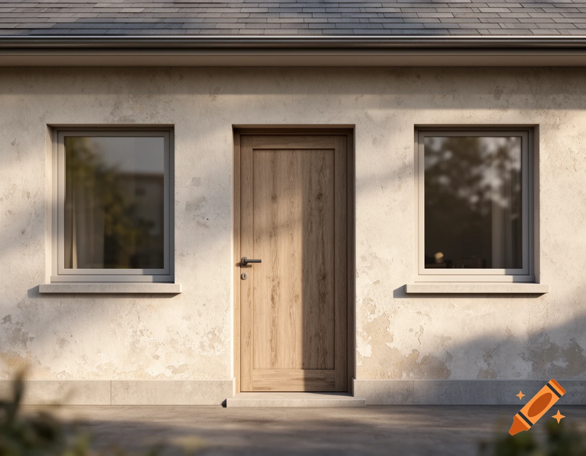 Photorealistic exterior view of a building facade with a central wooden door and two flanking windows.