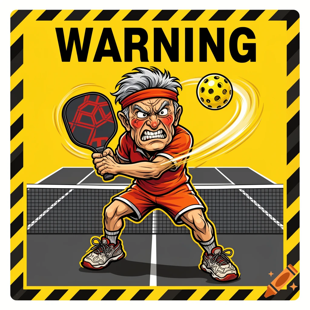 Cartoon warning sign featuring an angry old man playing pickleball.