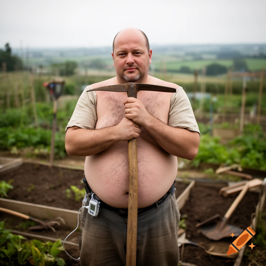 Photorealistic portrait of a bald man holding a pickaxe in a garden, wearing an insulin pump.