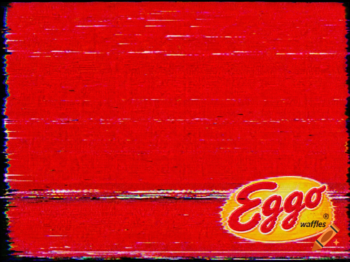A red screen with heavy damaged VHS static effects and an Eggo waffles logo in the bottom right corner.