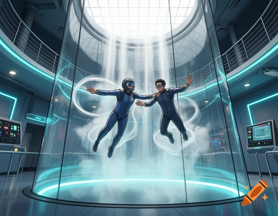 Animated style illustration of two people indoor skydiving in a vertical wind tunnel inside a futuristic facility.
