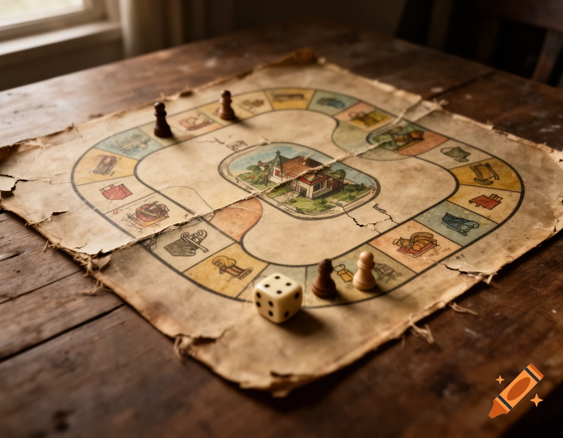 An old, worn-out vintage board game path on a rustic wooden table with dice and playing pieces.