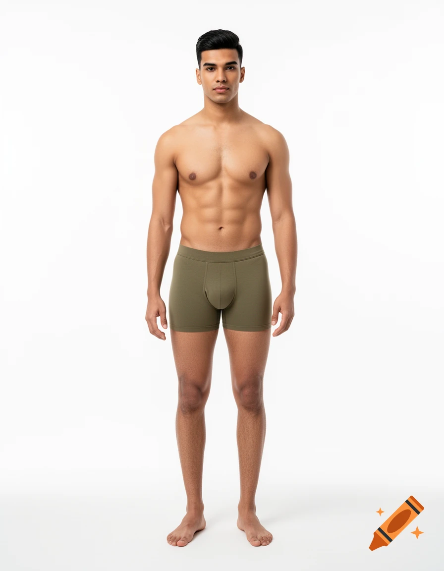 Photorealistic full-body portrait of a light-skinned man standing against a plain white background, wearing olive green boxer briefs.