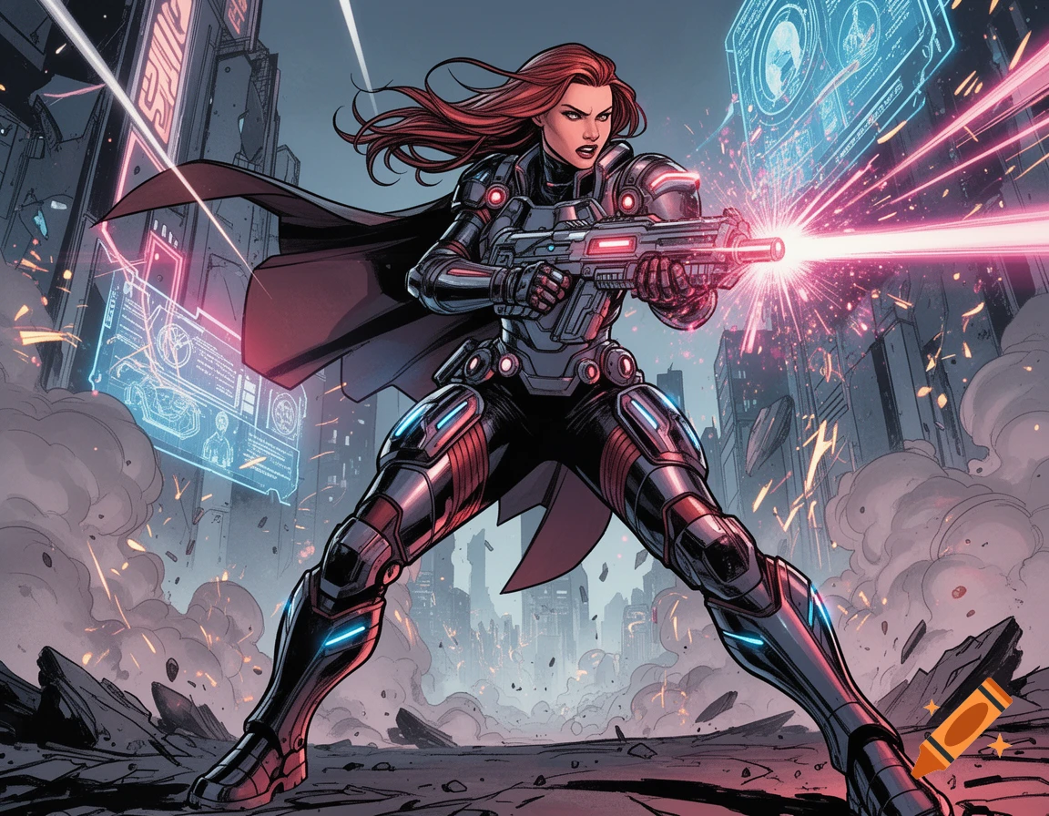 Comic book style illustration of a female soldier in futuristic armor firing a laser rifle amidst a ruined cityscape.
