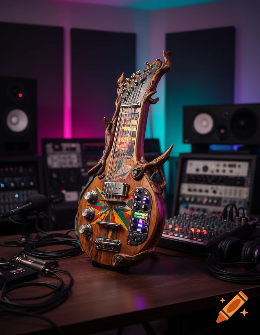 An ornate, psychedelic wooden electric guitar with intricate carvings, colorful inlays, and digital screens, sitting in a recording studio.