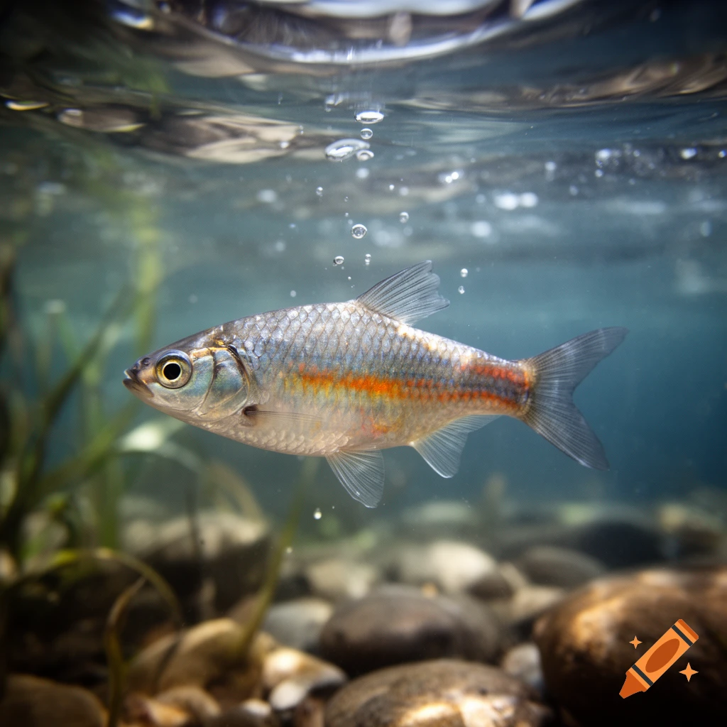 Photorealistic underwater view of a small silver and orange fish swimming near the surface with bubbles and rocks below.