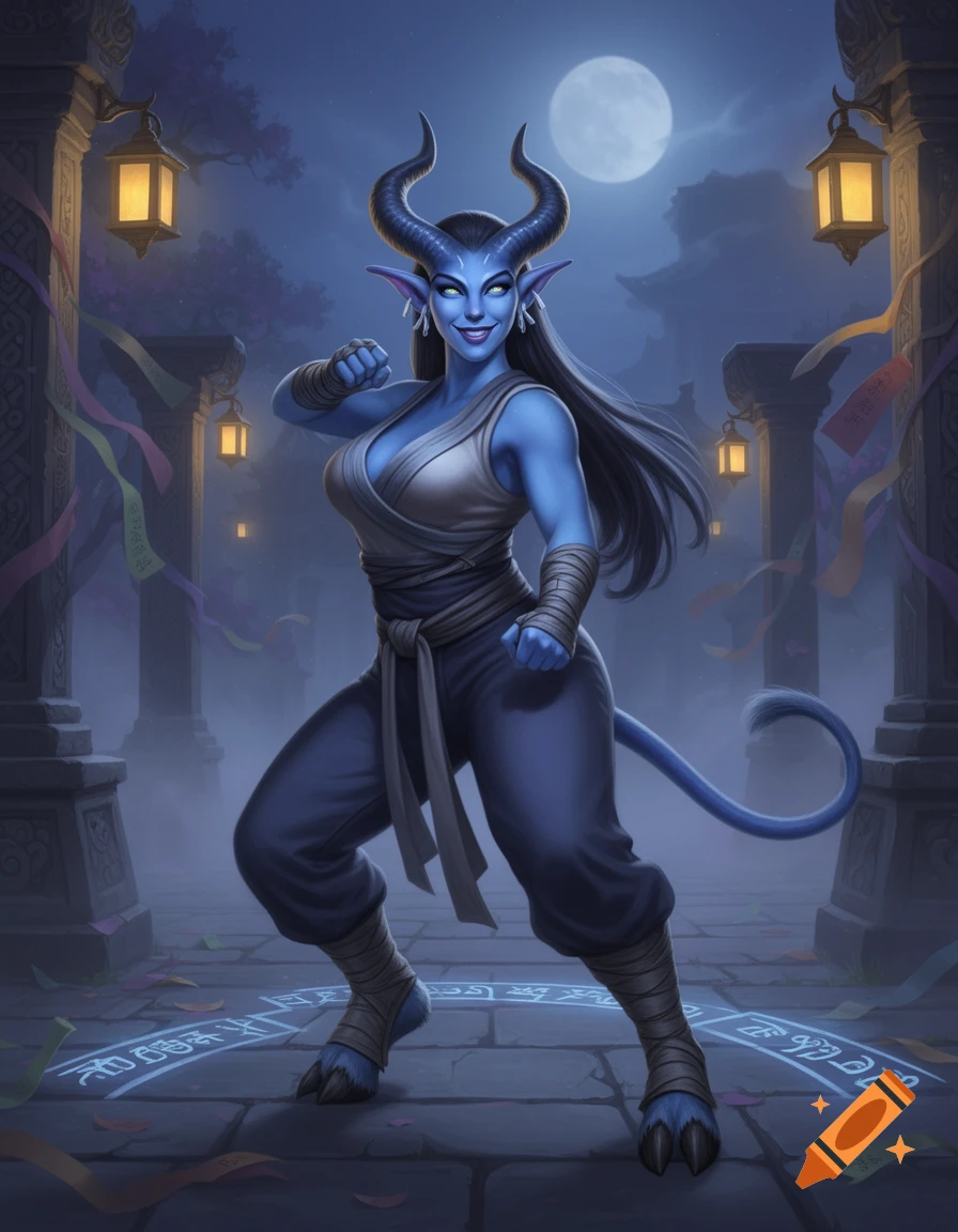 Digital painting of a blue-skinned Draenei monk with horns and a tail, in a fighting stance in a stone courtyard at night.