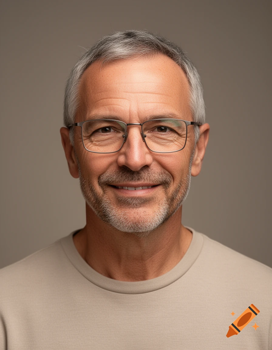 Photorealistic studio portrait of a 54-year-old man with short gray hair, stubble beard, and glasses against a neutral background.