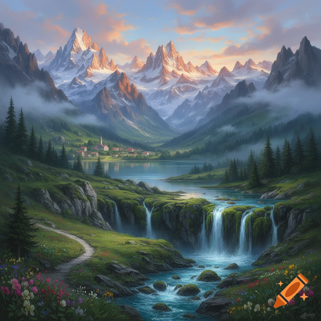 Digital painting of a picturesque mountain valley with a serene lake, waterfalls, and a small village under a sunset sky.