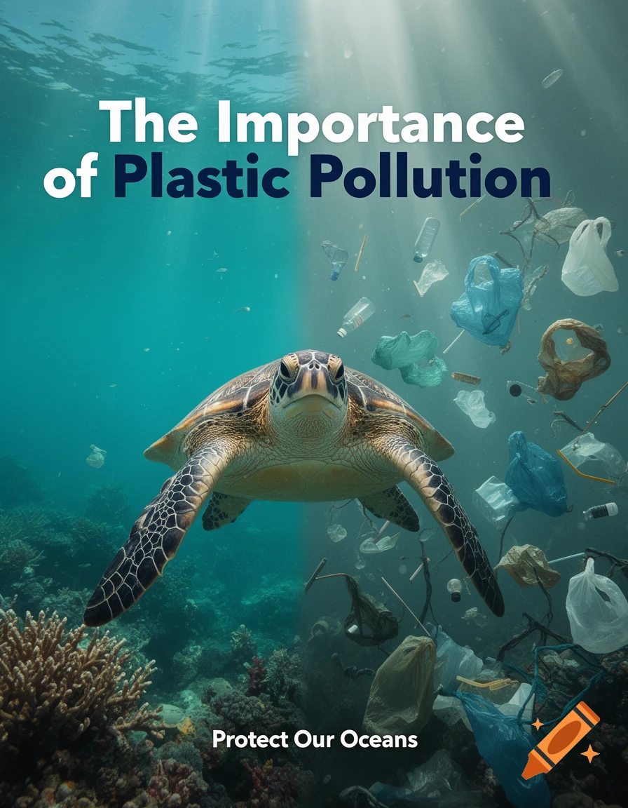 An educational poster about plastic pollution showing a sea turtle swimming in an ocean half pristine and half polluted with plastic debris.