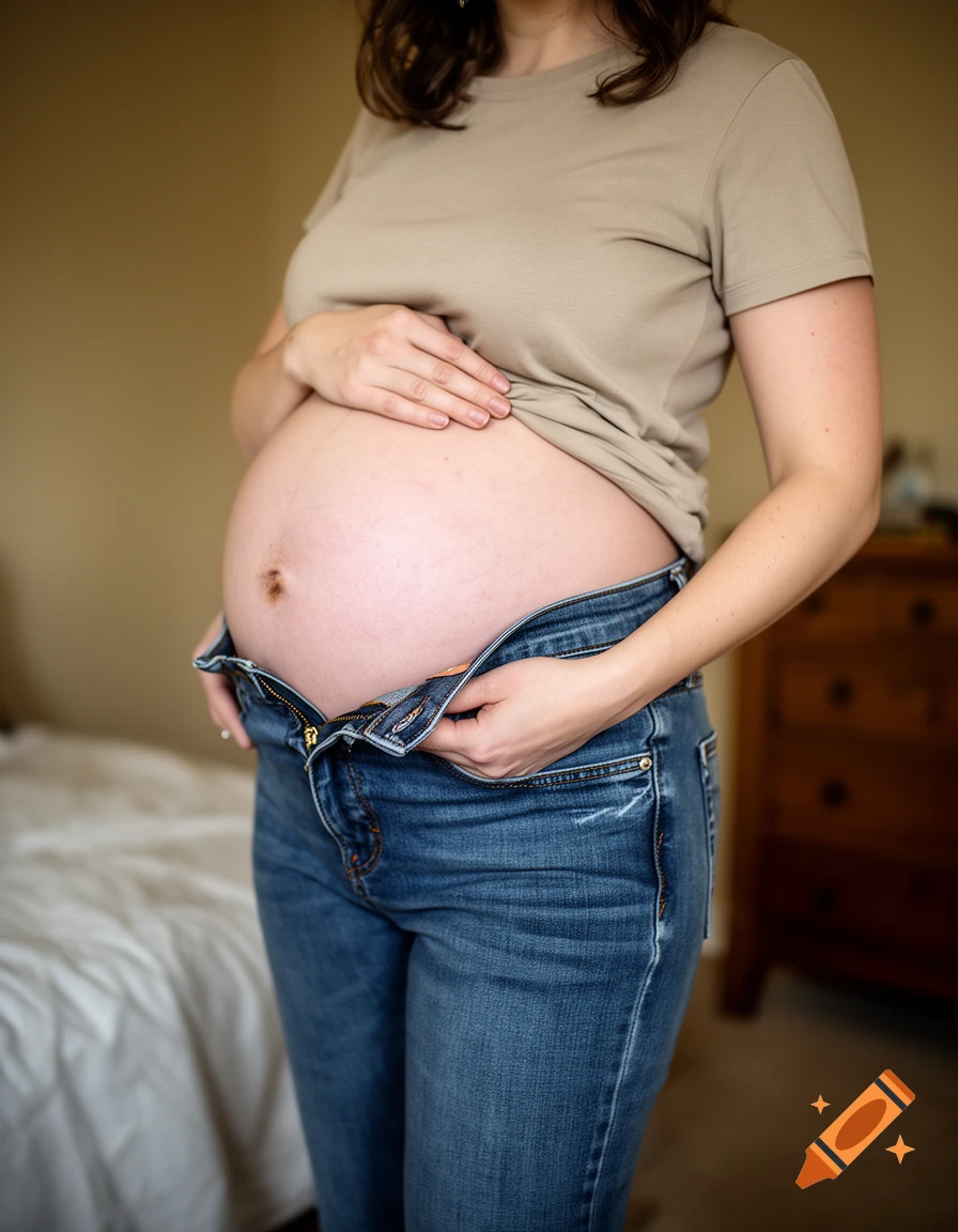 Photorealistic mid-shot of a pregnant person wearing a tan t-shirt and unzipped blue jeans, holding their belly.